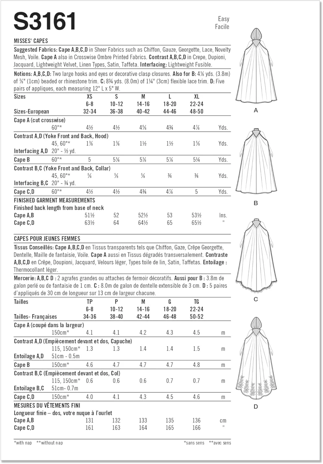 الگوی خیاطی شنل های سبک و شفاف زنانه Simplicity SS3161A، کد طراحی S3161، سایزهای XS-S-M-L-XL