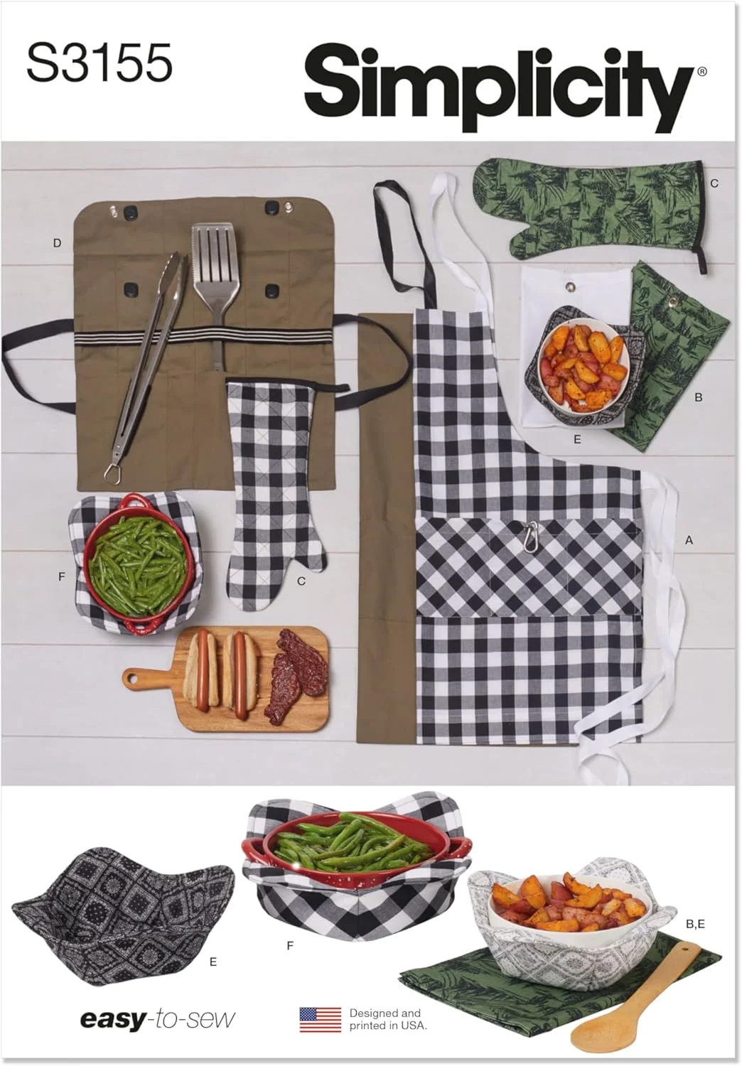 الگوی خیاطی پیش بند کباب پزی، حوله دستی، دستکش، کیف ابزار و زیر لیوانی پارچه ای Simplicity SS3155OS، کد طراحی S3155، سایز آزاد