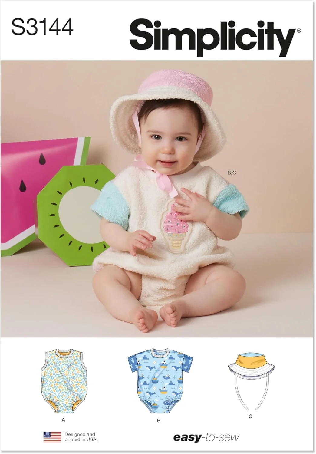 الگوی خیاطی لباس زیر دکمه دار و کلاه سطلی نوزاد سیمپلیسیتی SS3144A، کد طراحی S3144، سایزهای XS-S-M-L