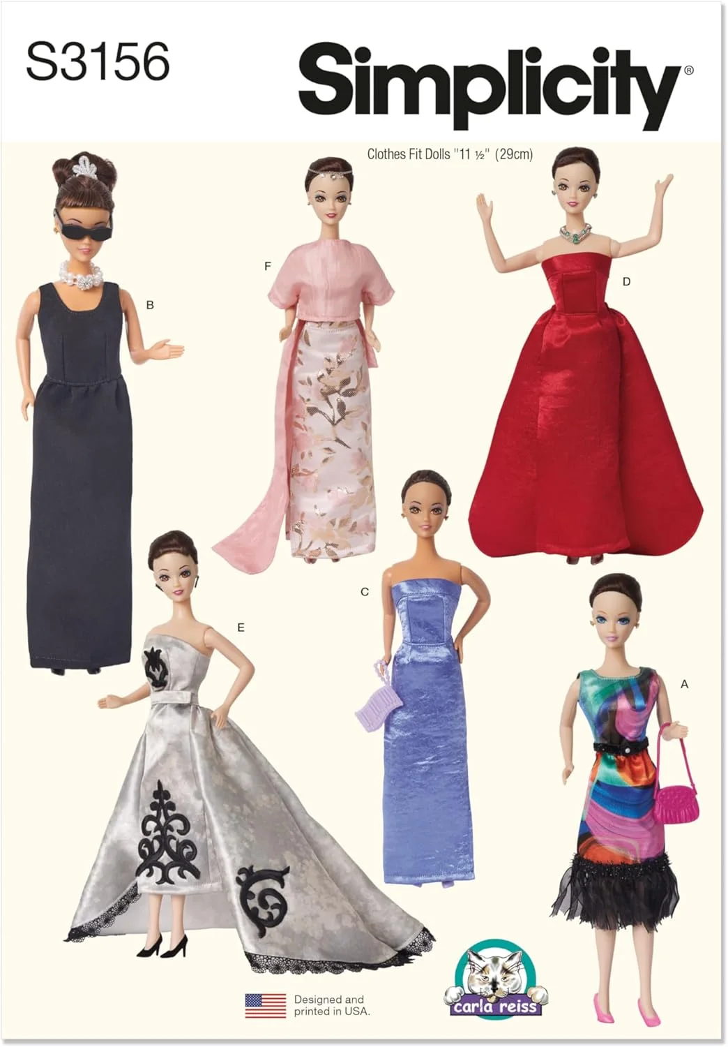 الگوی خیاطی لباس عروسک فشن 11 1/2 اینچی Simplicity SS3156OS اثر کارلا ریس، کد طراحی S3156، سایزها یک سایز