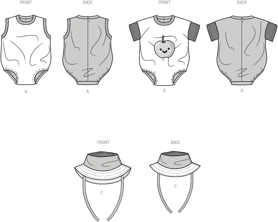 الگوی خیاطی لباس زیر دکمه دار و کلاه سطلی نوزاد سیمپلیسیتی SS3144A، کد طراحی S3144، سایزهای XS-S-M-L