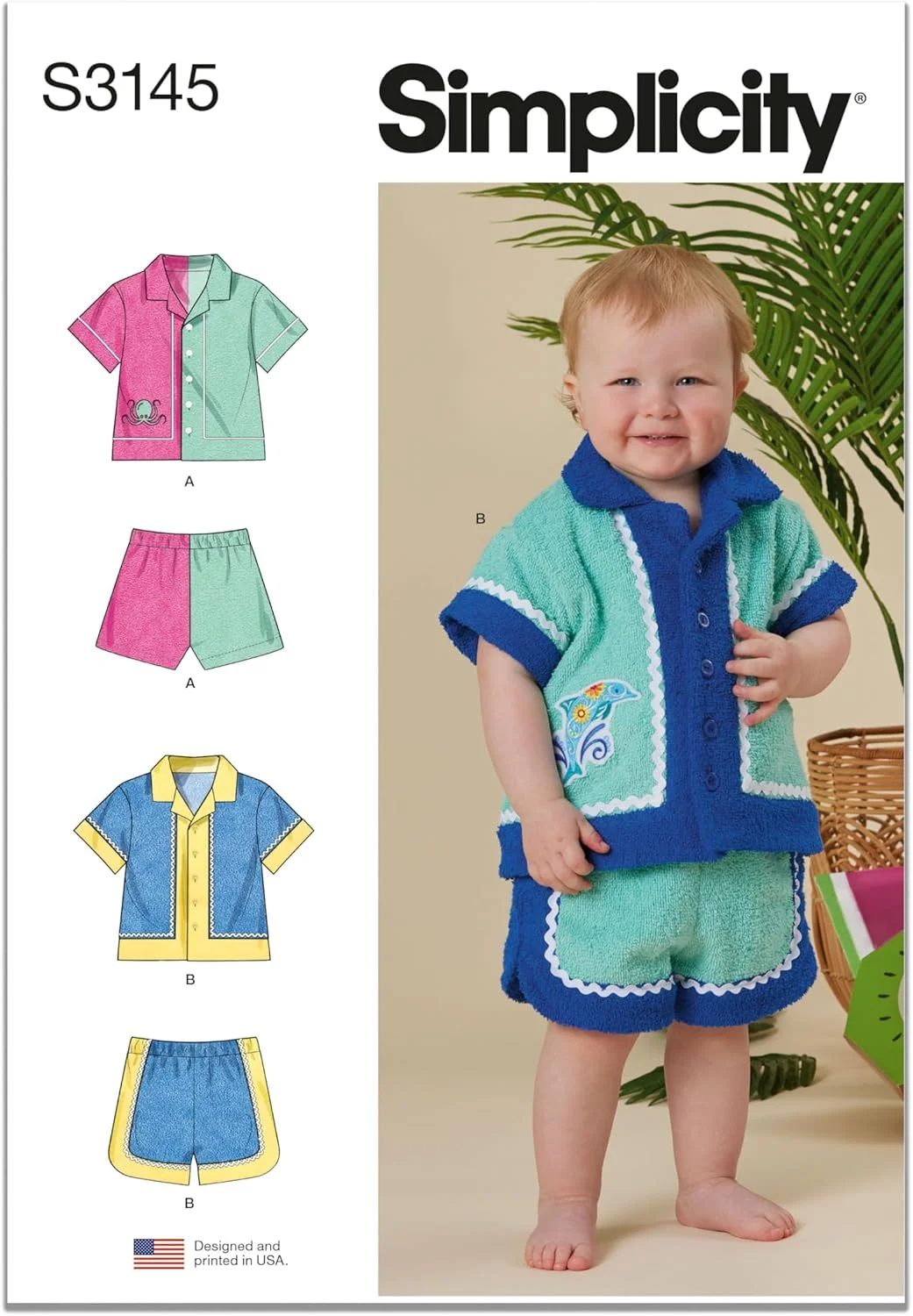 الگوی خیاطی پیراهن آستین کوتاه و شورت کشی نوزادان Simplicity SS3145A، کد طراحی S3145، سایزهای XS-S-M-L