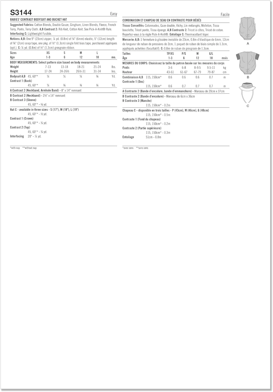 الگوی خیاطی لباس زیر دکمه دار و کلاه سطلی نوزاد سیمپلیسیتی SS3144A، کد طراحی S3144، سایزهای XS-S-M-L