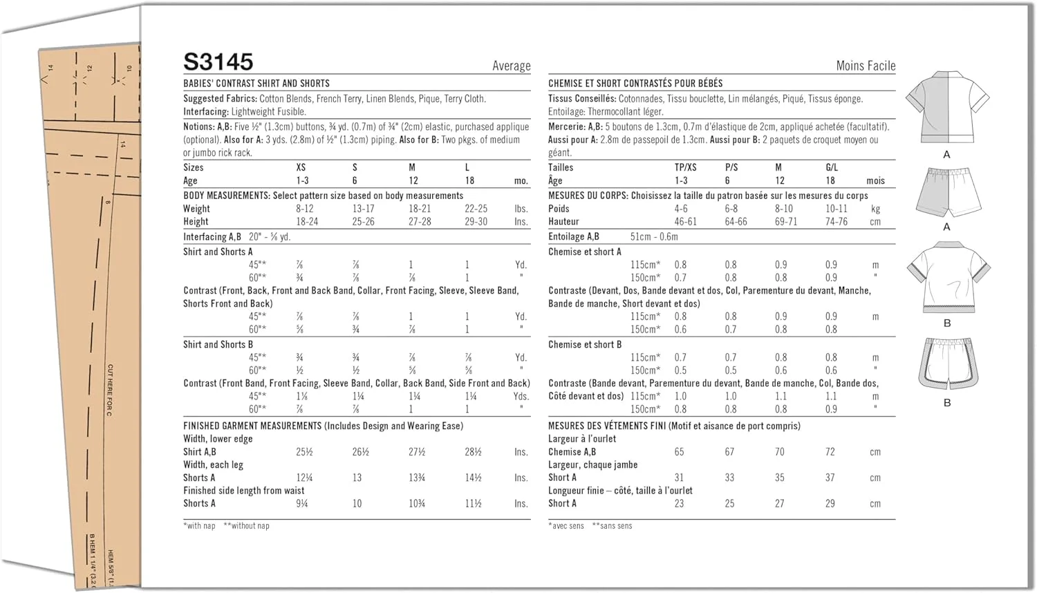 الگوی خیاطی پیراهن آستین کوتاه و شورت کشی نوزادان Simplicity SS3145A، کد طراحی S3145، سایزهای XS-S-M-L