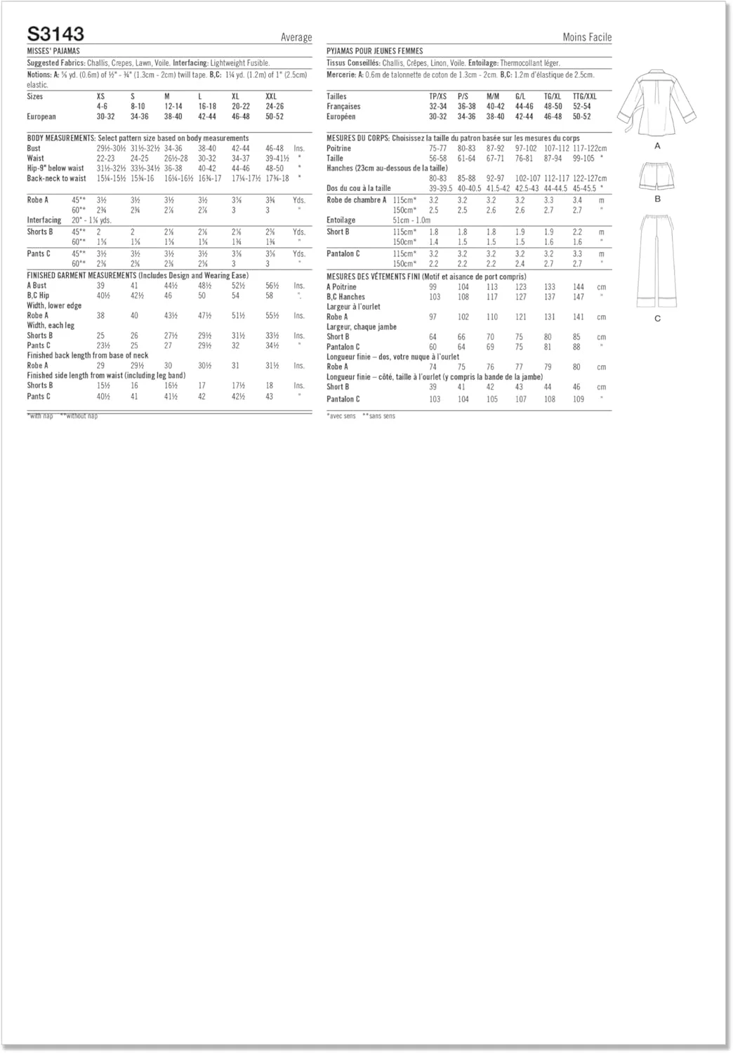 الگوی خیاطی لباس خواب زنانه سادگی مدل SS3143A، کد طراحی S3143، سایزهای XS-S-M-L-XL-XXL