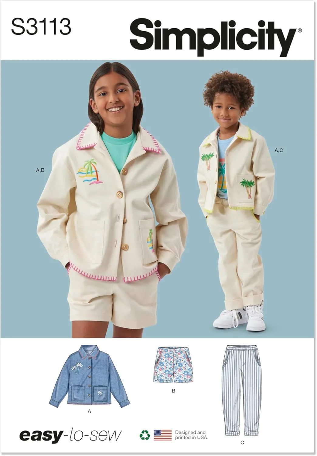 الگوی خیاطی SIMPLICITY مدل SS3113K5 برای ژاکت، شلوارک و شلوار پسرانه و دخترانه K5 (سایز 7-8-10-12-14)