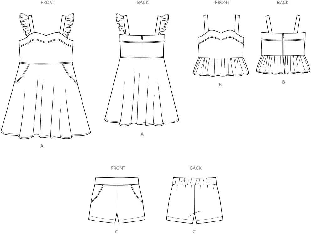 الگوی خیاطی لباس دامن کلوش، تاپ و شورت کشی بچگانه Simplicity SS3112A، کد طراحی S3112، سایزهای 1/2-1-2-3-4