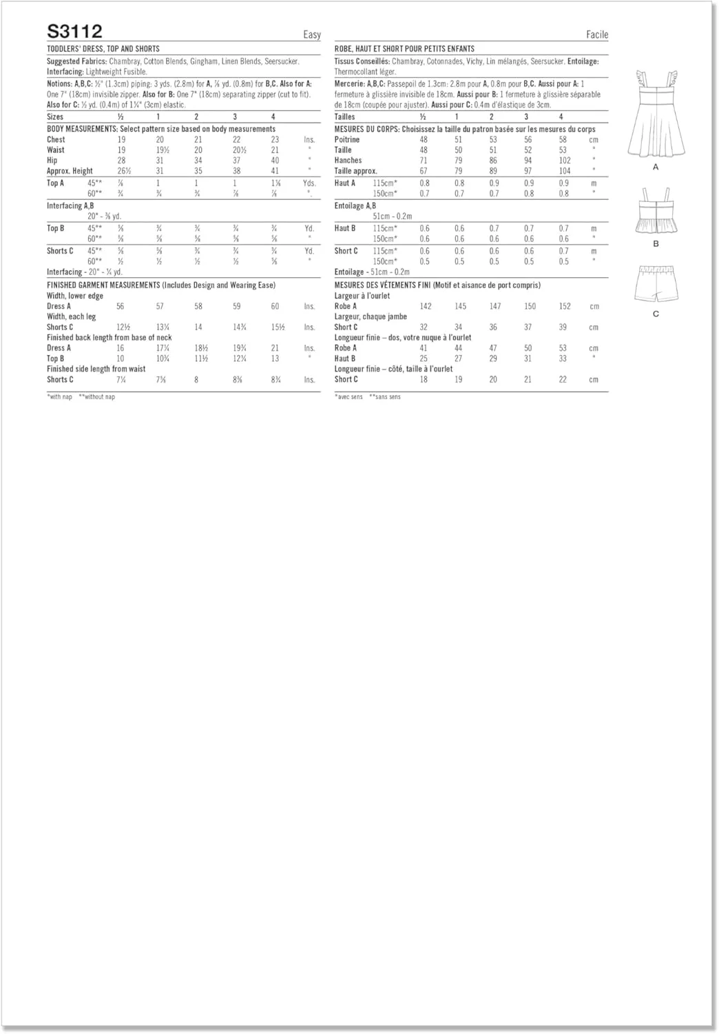 الگوی خیاطی لباس دامن کلوش، تاپ و شورت کشی بچگانه Simplicity SS3112A، کد طراحی S3112، سایزهای 1/2-1-2-3-4