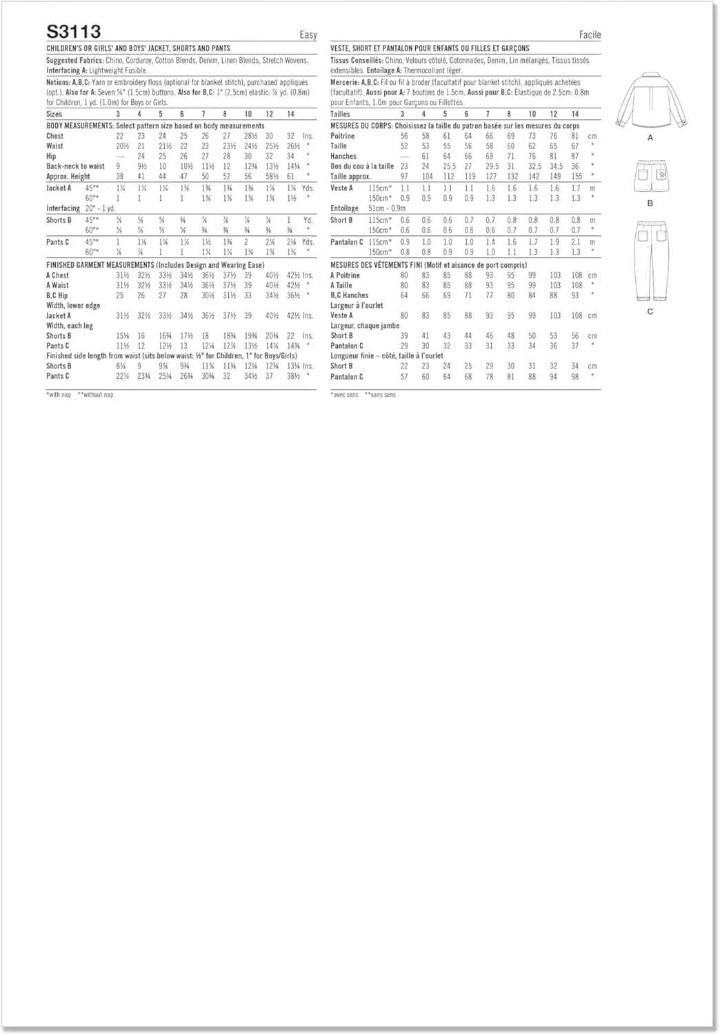 الگوی خیاطی SIMPLICITY مدل SS3113K5 برای ژاکت، شلوارک و شلوار پسرانه و دخترانه K5 (سایز 7-8-10-12-14)