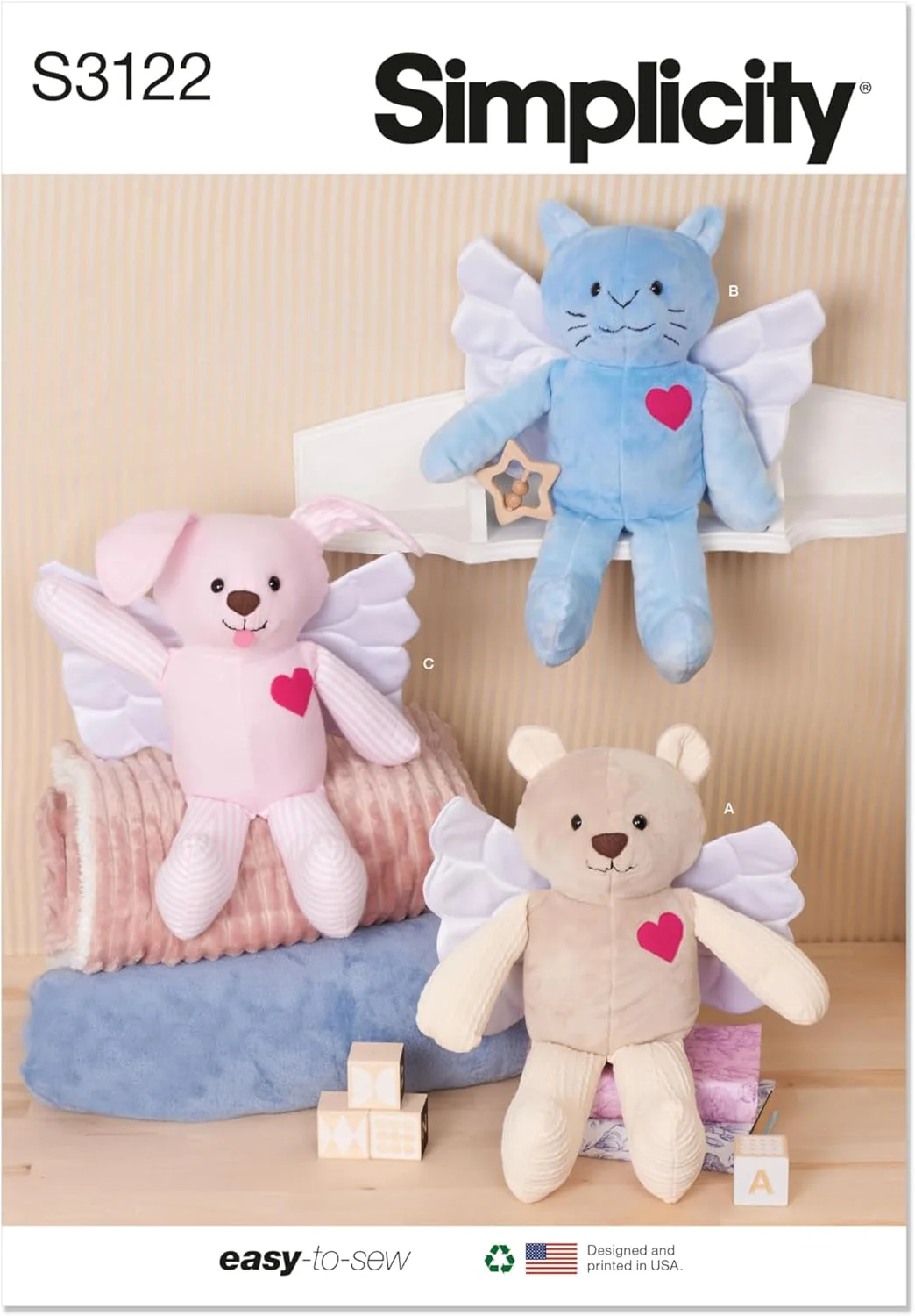 الگوی خیاطی حیوانات پولیشی سیمپلیسی SS3122OS، خرس خاطره، بچه گربه و توله سگ بالدار، کد طراحی S3122، ارتفاع 38 سانتی متر