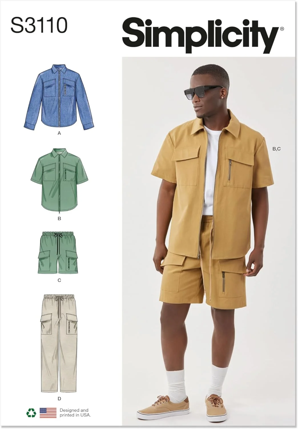 الگوی خیاطی پیراهن مردانه سایز بزرگ Simplicity SS3110BB، شورت و شلوار کشی، کد طراحی S3110، سایزهای 44-46-48-50-52