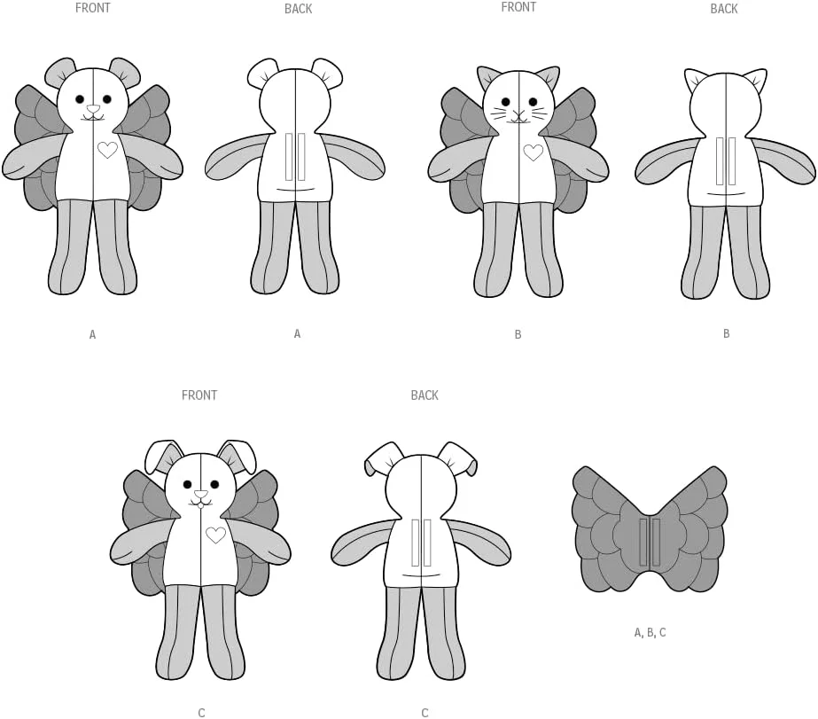 الگوی خیاطی حیوانات پولیشی سیمپلیسی SS3122OS، خرس خاطره، بچه گربه و توله سگ بالدار، کد طراحی S3122، ارتفاع 38 سانتی متر