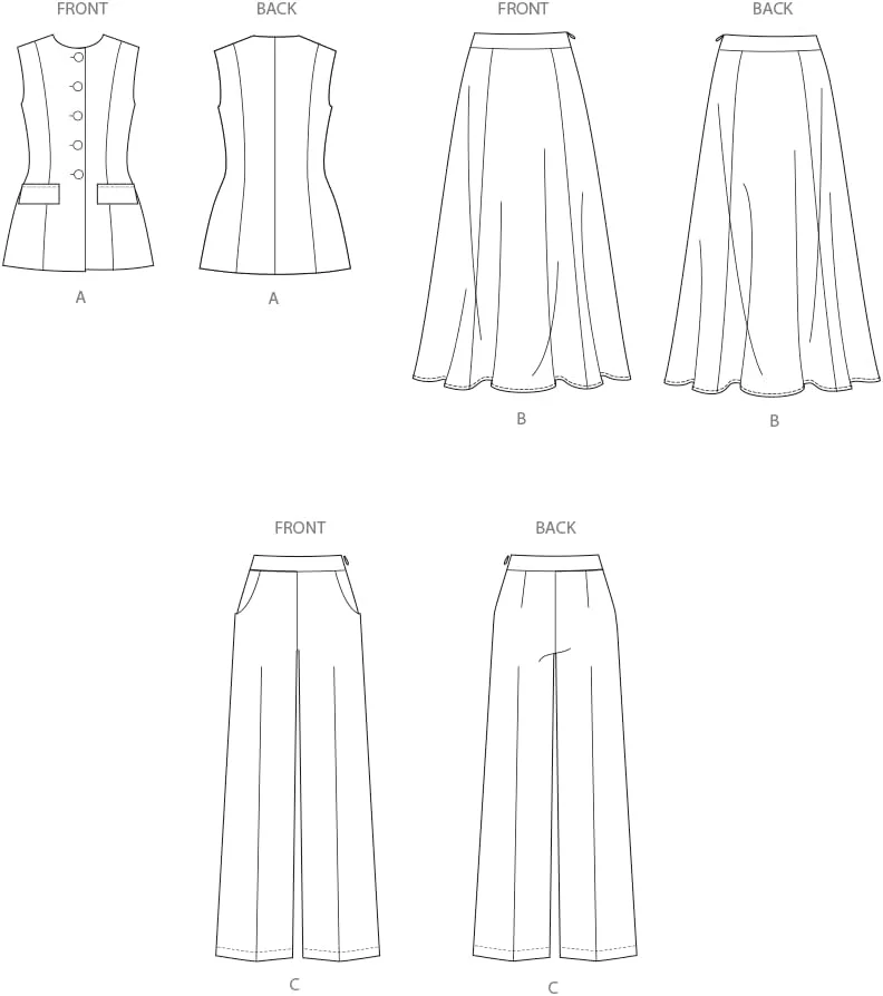 الگوی خیاطی جلیقه نیمه اندامی بدون آستر، دامن کلوش و شلوار پا گشاد زنانه Simplicity SS3108U5 توسط انجمن خیاطی آمریکا، کد طراحی S3108، سایزهای 16-18-20-22-24