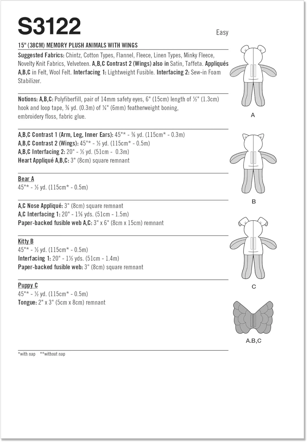 الگوی خیاطی حیوانات پولیشی سیمپلیسی SS3122OS، خرس خاطره، بچه گربه و توله سگ بالدار، کد طراحی S3122، ارتفاع 38 سانتی متر