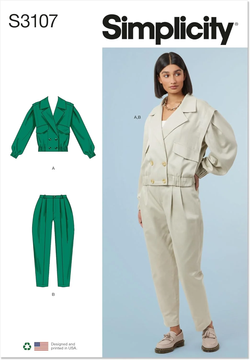 الگوی خیاطی ژاکت دکمه دوبل و شلوار کوتاه زنانه Simplicity SS3107K5، کد طراحی S3107، سایزهای 8-10-12-14-16