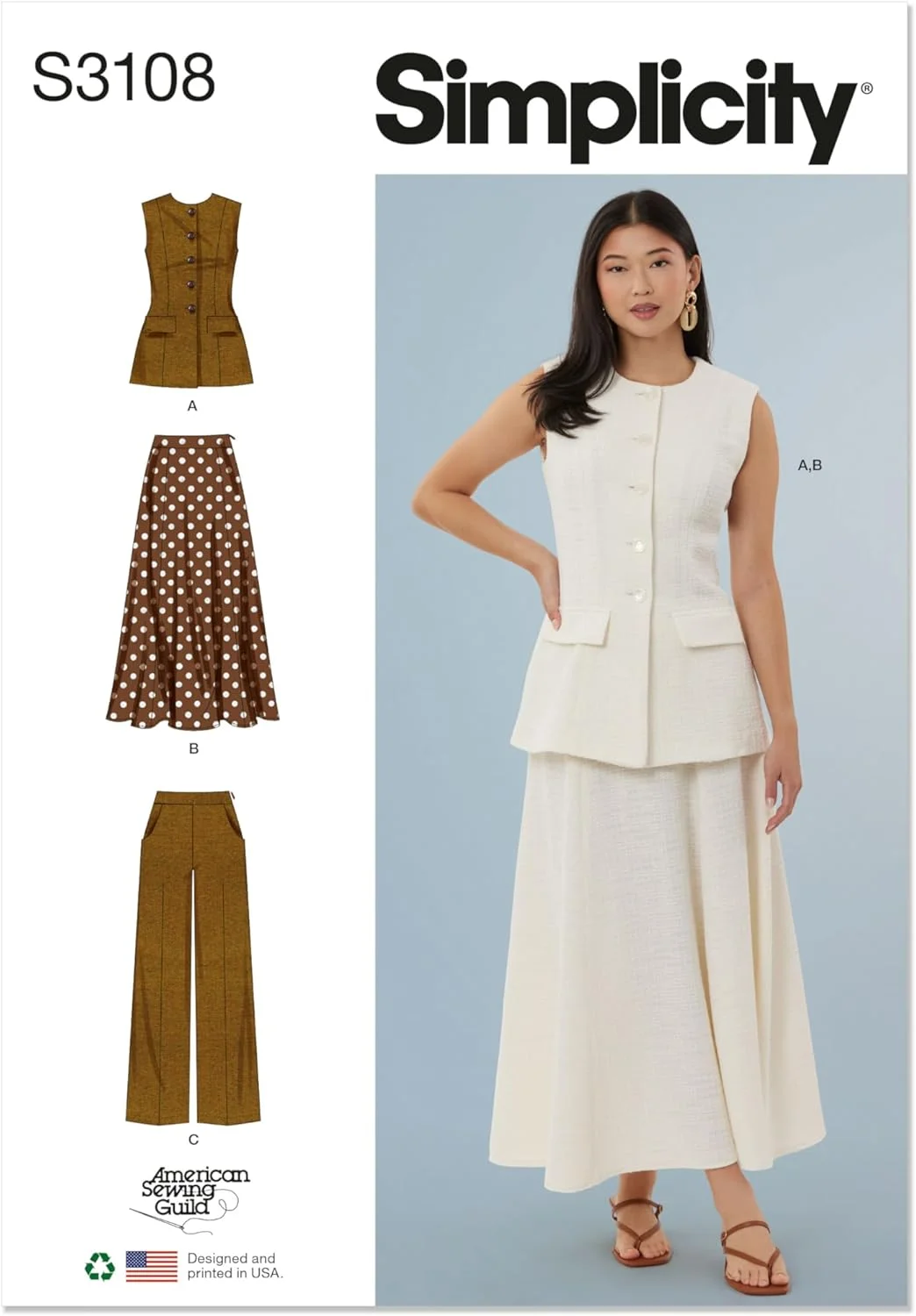 الگوی خیاطی جلیقه نیمه جذب بدون آستر، دامن کلوش و شلوار پا گشاد زنانه Simplicity SS3108H5 توسط انجمن خیاطی آمریکا، کد طراحی S3108، سایزهای 6-8-10-12-14