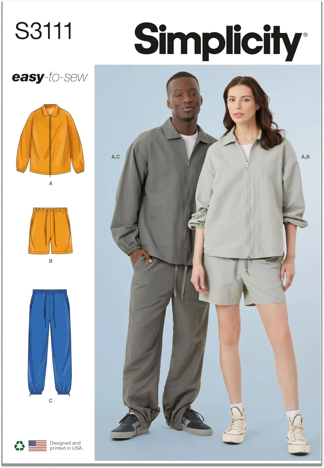 الگوی خیاطی ژاکت، شلوارک و شلوار کشی بدون جنسیت Simplicity SS3111A، کد طراحی S3111، سایزهای XS-S-M-L-XL-XXL