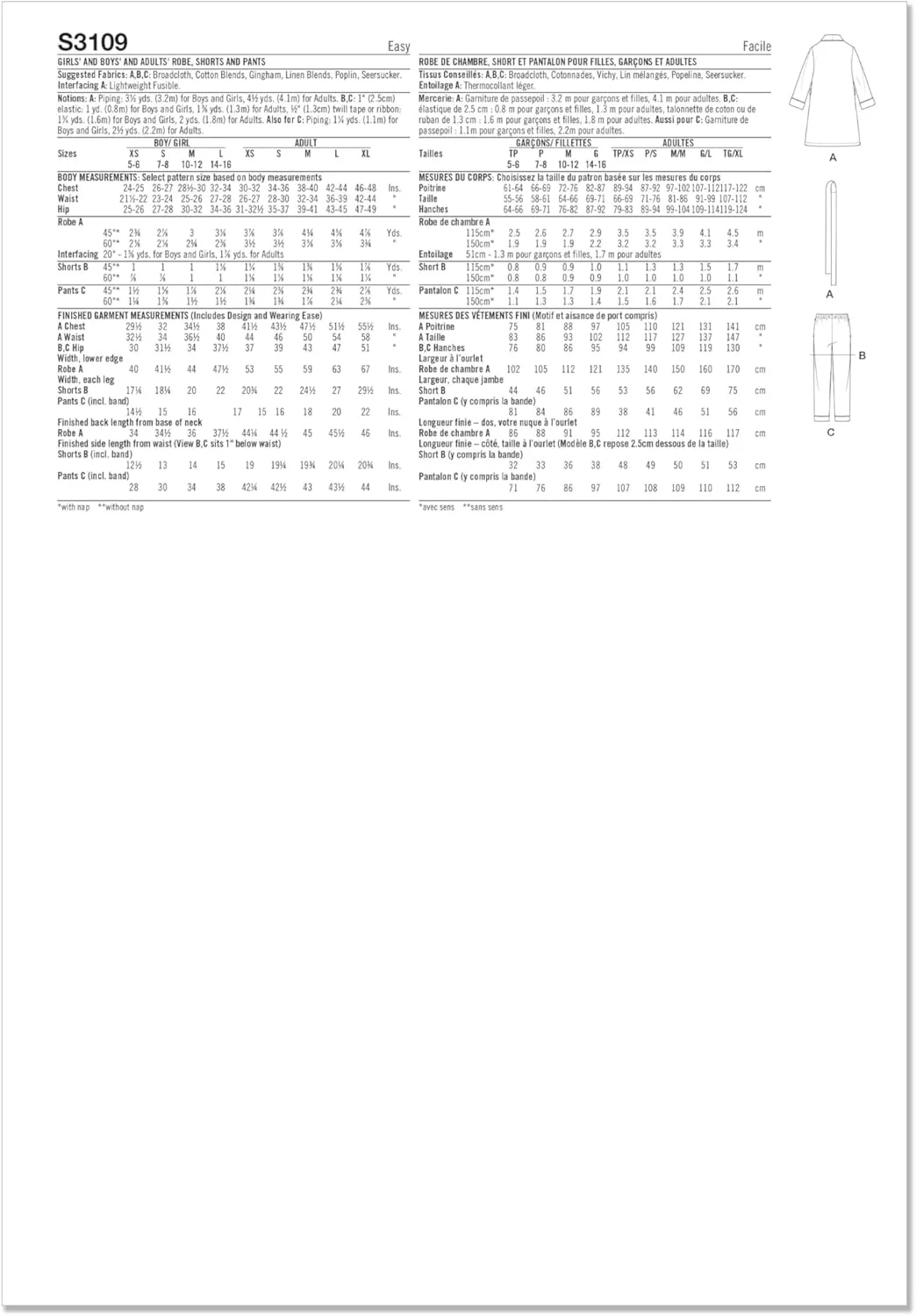 الگوی خیاطی آسان سیمپلیسیتی SS3109A برای دوخت روپوش، شورت و شلوار دخترانه، پسرانه و بزرگسال، کد طراحی S3109، سایزهای XS - L/XS - XL