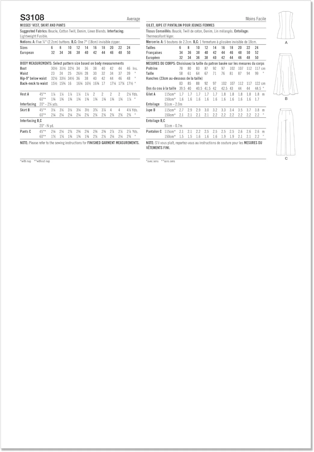 الگوی خیاطی جلیقه نیمه جذب بدون آستر، دامن کلوش و شلوار پا گشاد زنانه Simplicity SS3108H5 توسط انجمن خیاطی آمریکا، کد طراحی S3108، سایزهای 6-8-10-12-14