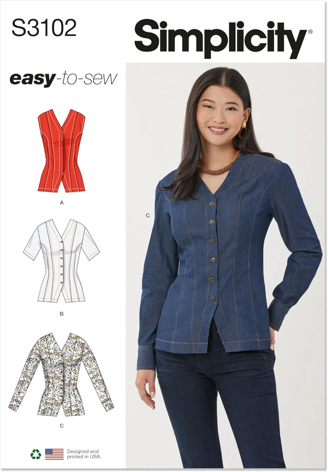 الگوی خیاطی پیراهن دکمه دار جین زنانه Simplicity SS3102Y5، کد طراحی S3102، سایزهای 18-20-22-24-26