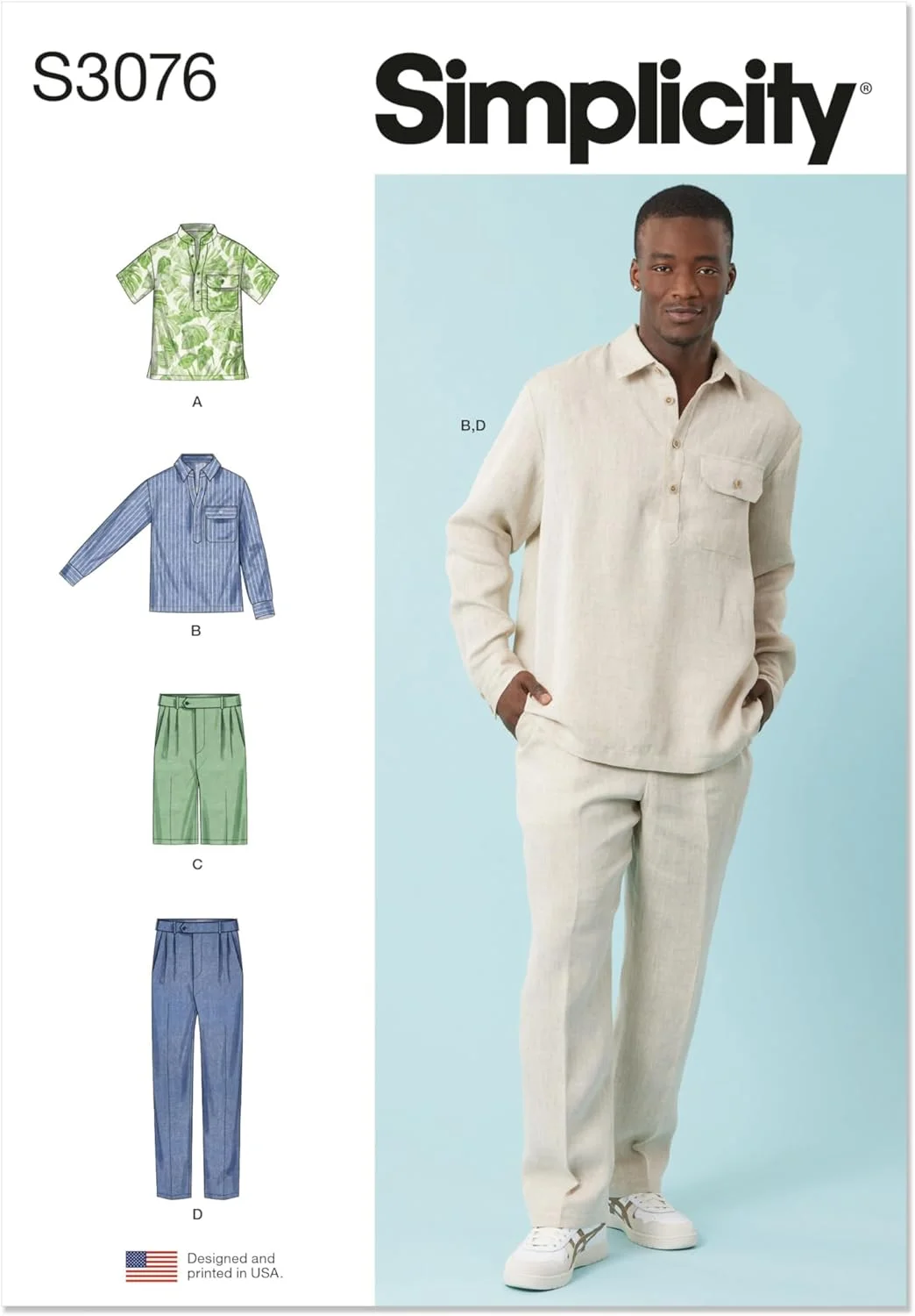 الگوی خیاطی مردانه سادگی SS3076AA برای تاپ های یقه باز، شلوارک و شلوار، کد طراحی S3076، سایزهای 34-36-38-40-42