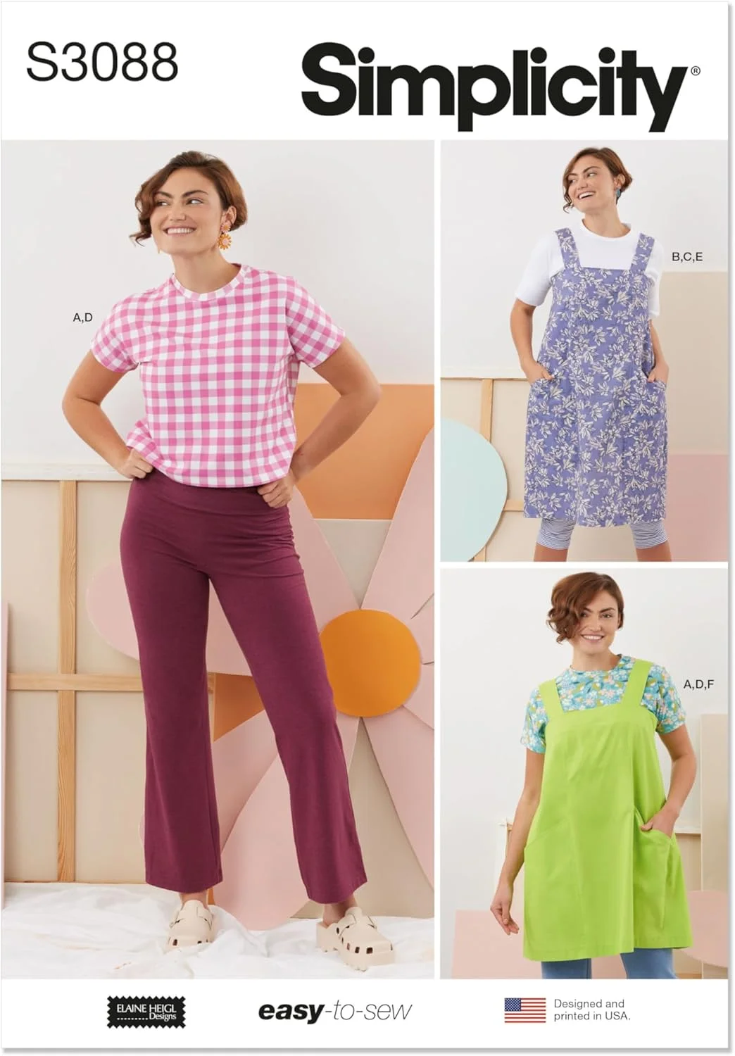 الگوی خیاطی سادگی SS3088A برای تاپ های بافتنی کوتاه جعبه ای زنانه، ساق های بافتنی کشی و پیراهن های پیشبندی، طراحی شده توسط Elaine Heigl Designs، کد طراحی S3088، سایزهای XS-S-M-L-XL-XXL