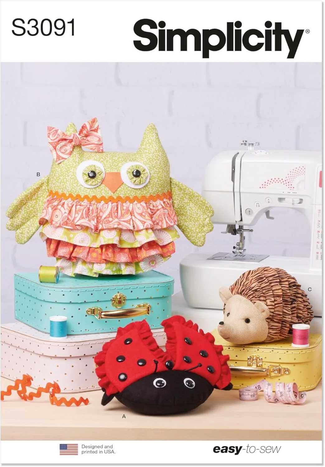 الگوی خیاطی حیوانات پولیشی سادگی SS3091OS شامل کفشدوزک، جغد و جوجه تیغی، کد طراحی S3091، یک سایز