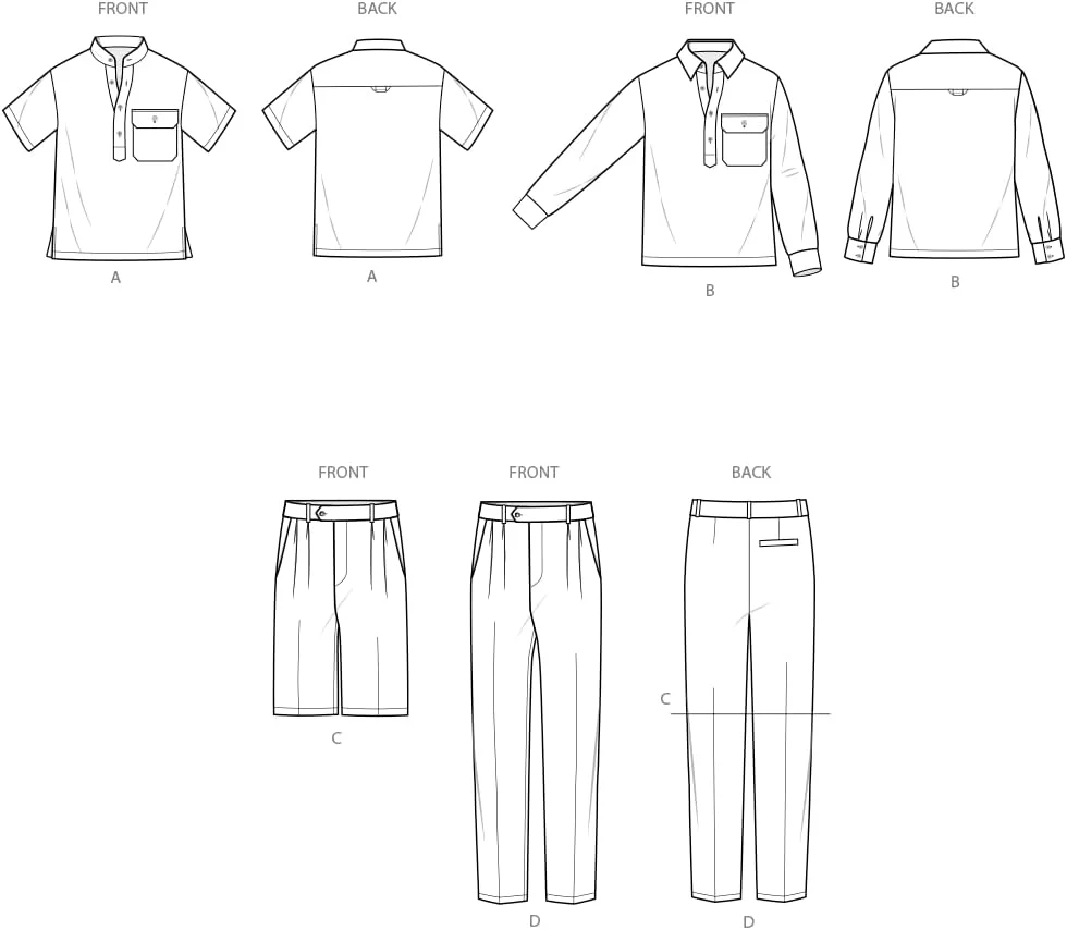 الگوی خیاطی مردانه سادگی SS3076AA برای تاپ های یقه باز، شلوارک و شلوار، کد طراحی S3076، سایزهای 34-36-38-40-42