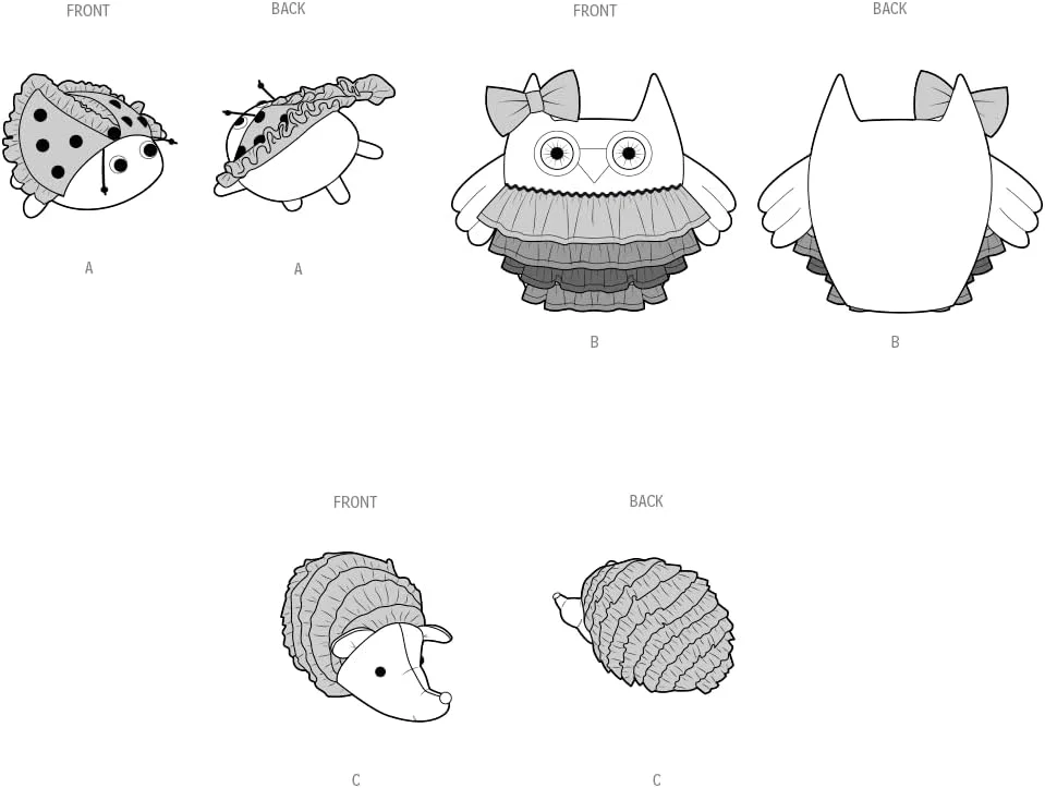 الگوی خیاطی حیوانات پولیشی سادگی SS3091OS شامل کفشدوزک، جغد و جوجه تیغی، کد طراحی S3091، یک سایز