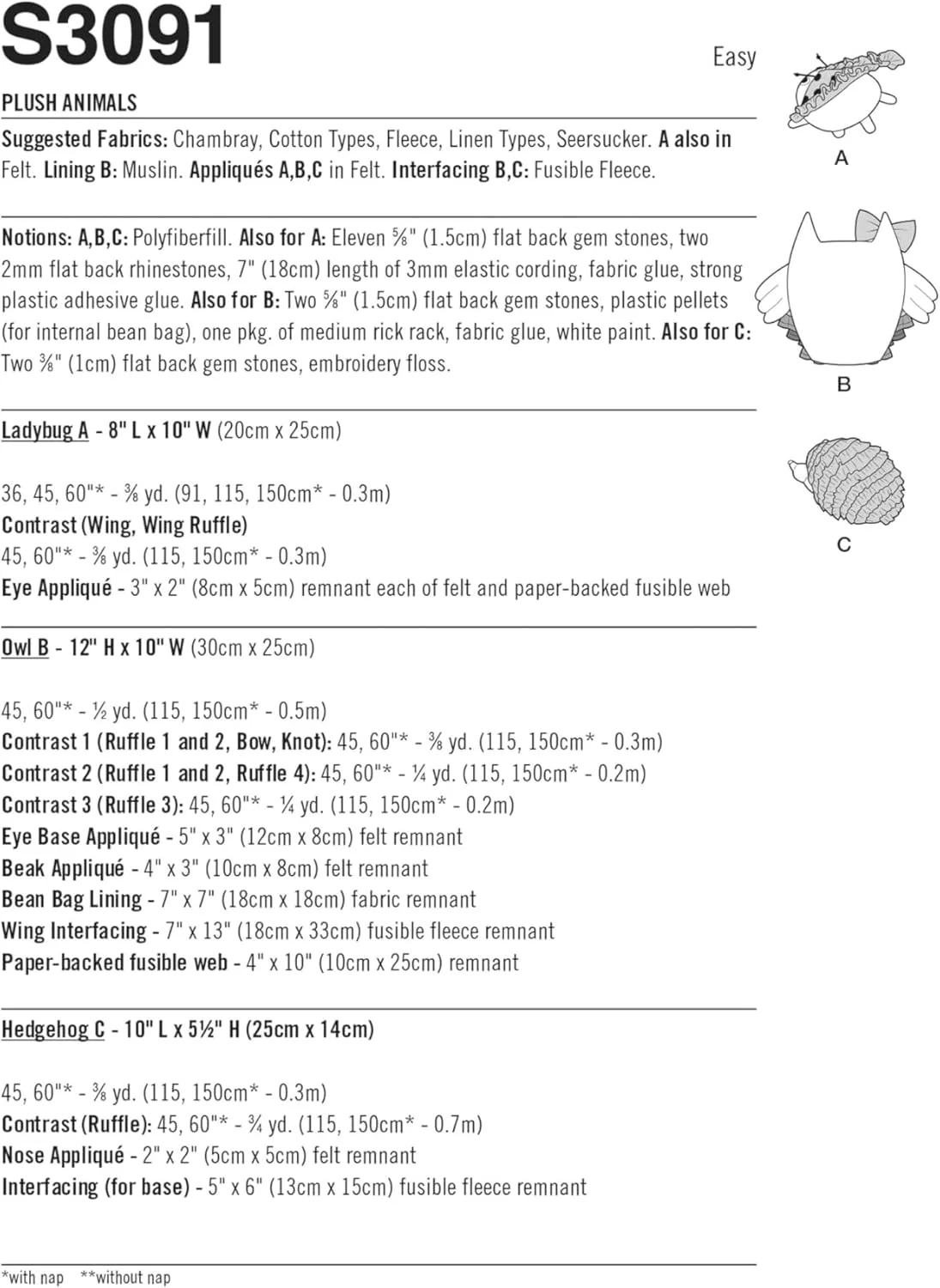 الگوی خیاطی حیوانات پولیشی سادگی SS3091OS شامل کفشدوزک، جغد و جوجه تیغی، کد طراحی S3091، یک سایز