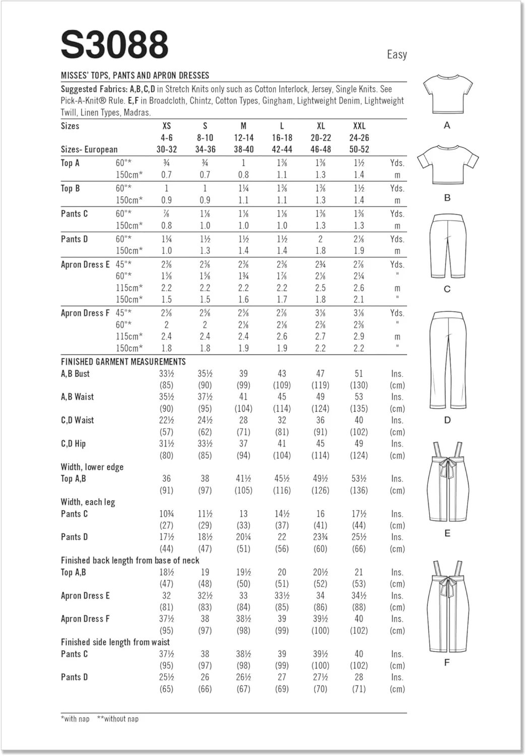 الگوی خیاطی سادگی SS3088A برای تاپ های بافتنی کوتاه جعبه ای زنانه، ساق های بافتنی کشی و پیراهن های پیشبندی، طراحی شده توسط Elaine Heigl Designs، کد طراحی S3088، سایزهای XS-S-M-L-XL-XXL