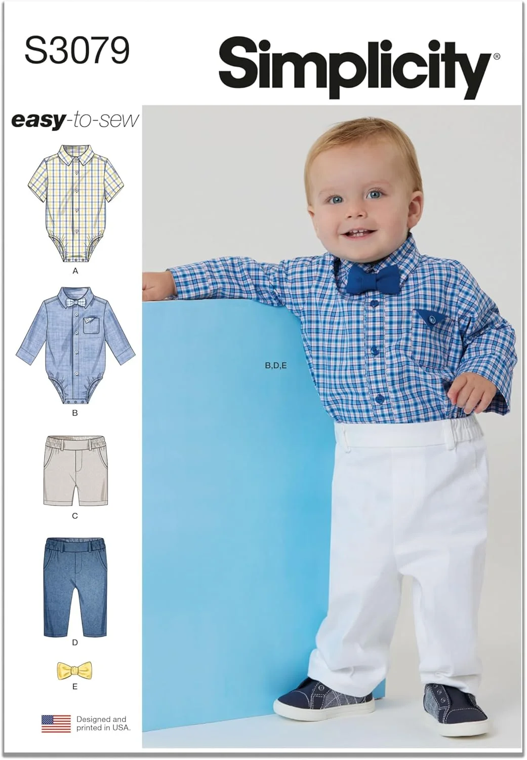 الگوی خیاطی لباس نوزاد سیمپلیسیتی SS3079A، شامل بادی، شورت و شلوار، کد طراحی S3079، سایزهای XS-S-M-L