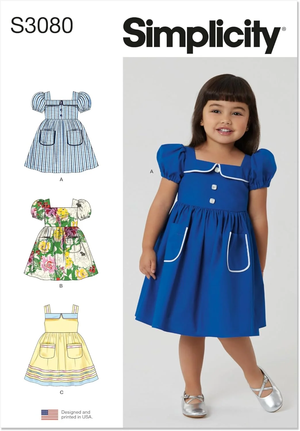 الگوی خیاطی لباس کودکانه سادگی SS3080A، کد طراحی S3080، سایزهای 1/2-1-2-3-4