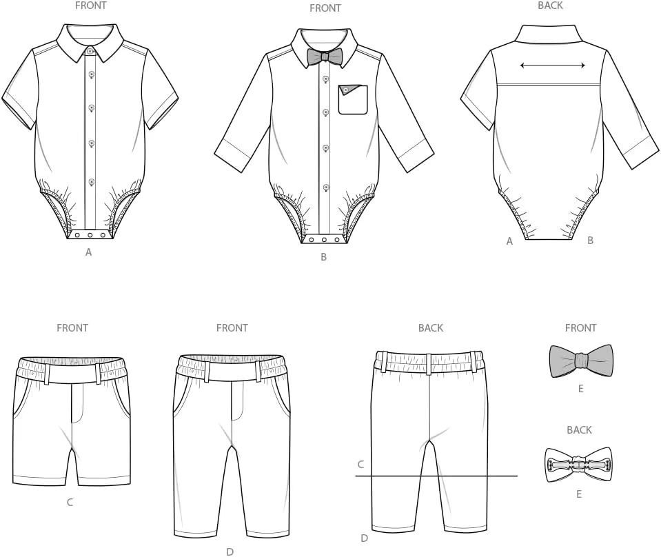 الگوی خیاطی لباس نوزاد سیمپلیسیتی SS3079A، شامل بادی، شورت و شلوار، کد طراحی S3079، سایزهای XS-S-M-L