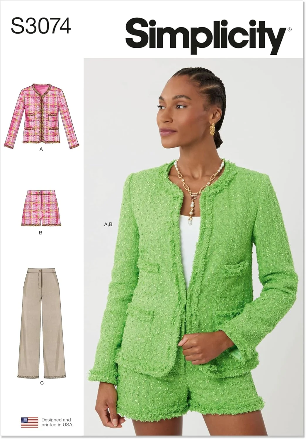 الگوی خیاطی ژاکت کشباف زنانه مدل Simplicity SS3074K5، شلوارک پاچه گشاد و شلوار پاچه گشاد، کد طراحی S3074، سایزهای 8-10-12-14-16