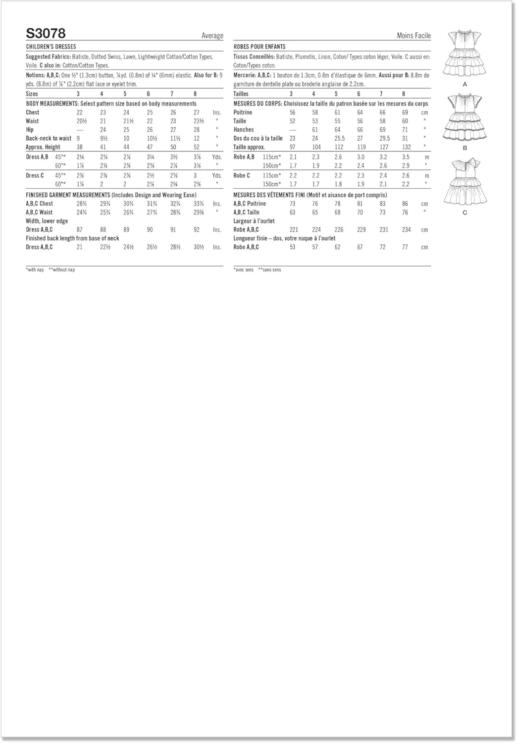 الگوی خیاطی لباس های چین دار بچگانه Simplicity SS3078A، کد طراحی S3078، سایزهای 3-4-5-6-7-8