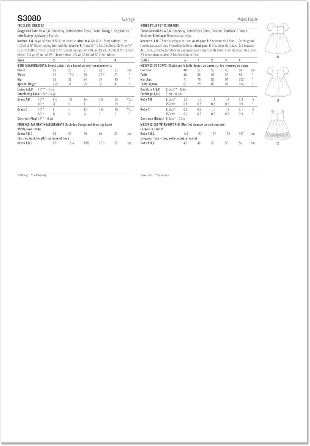 الگوی خیاطی لباس کودکانه سادگی SS3080A، کد طراحی S3080، سایزهای 1/2-1-2-3-4