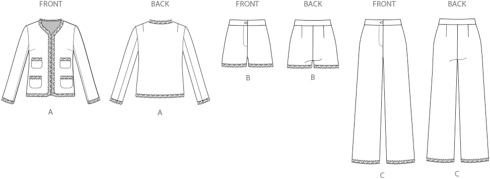 الگوی خیاطی ژاکت کشباف زنانه مدل Simplicity SS3074K5، شلوارک پاچه گشاد و شلوار پاچه گشاد، کد طراحی S3074، سایزهای 8-10-12-14-16