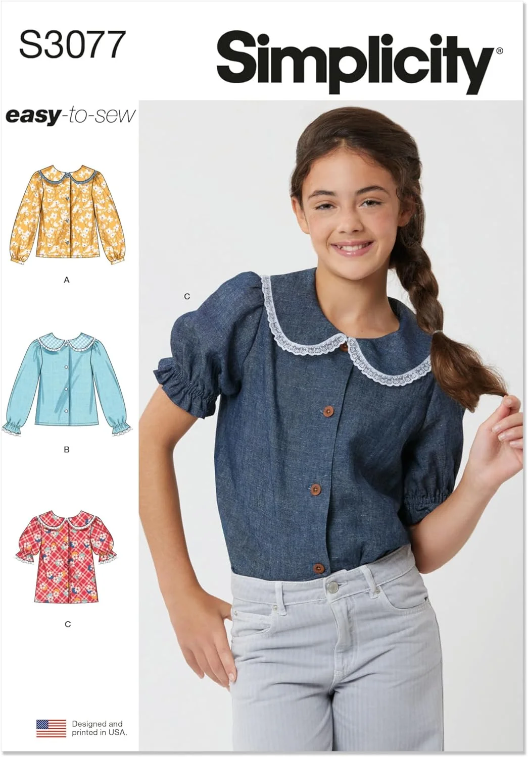 الگوی خیاطی آسان برای دوخت تاپ دخترانه Simplicity SS3077A، کد طراحی S3077، سایزهای 7-8-10-12-14