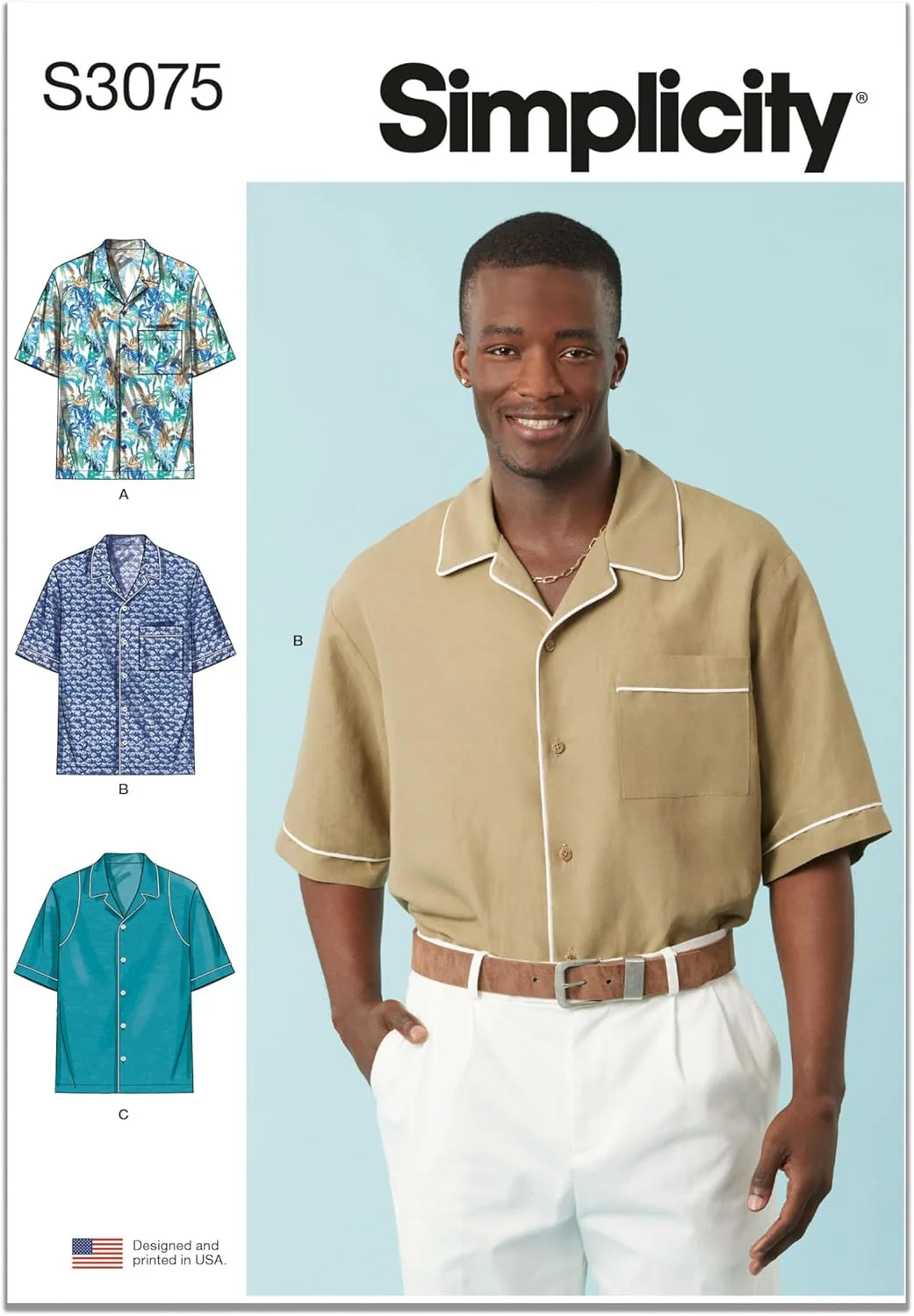 الگوی خیاطی پیراهن مردانه دکمه دار با تن خور راحت Simplicity SS3075A، کد طراحی S3075، سایزهای S-M-L-XL-XXL