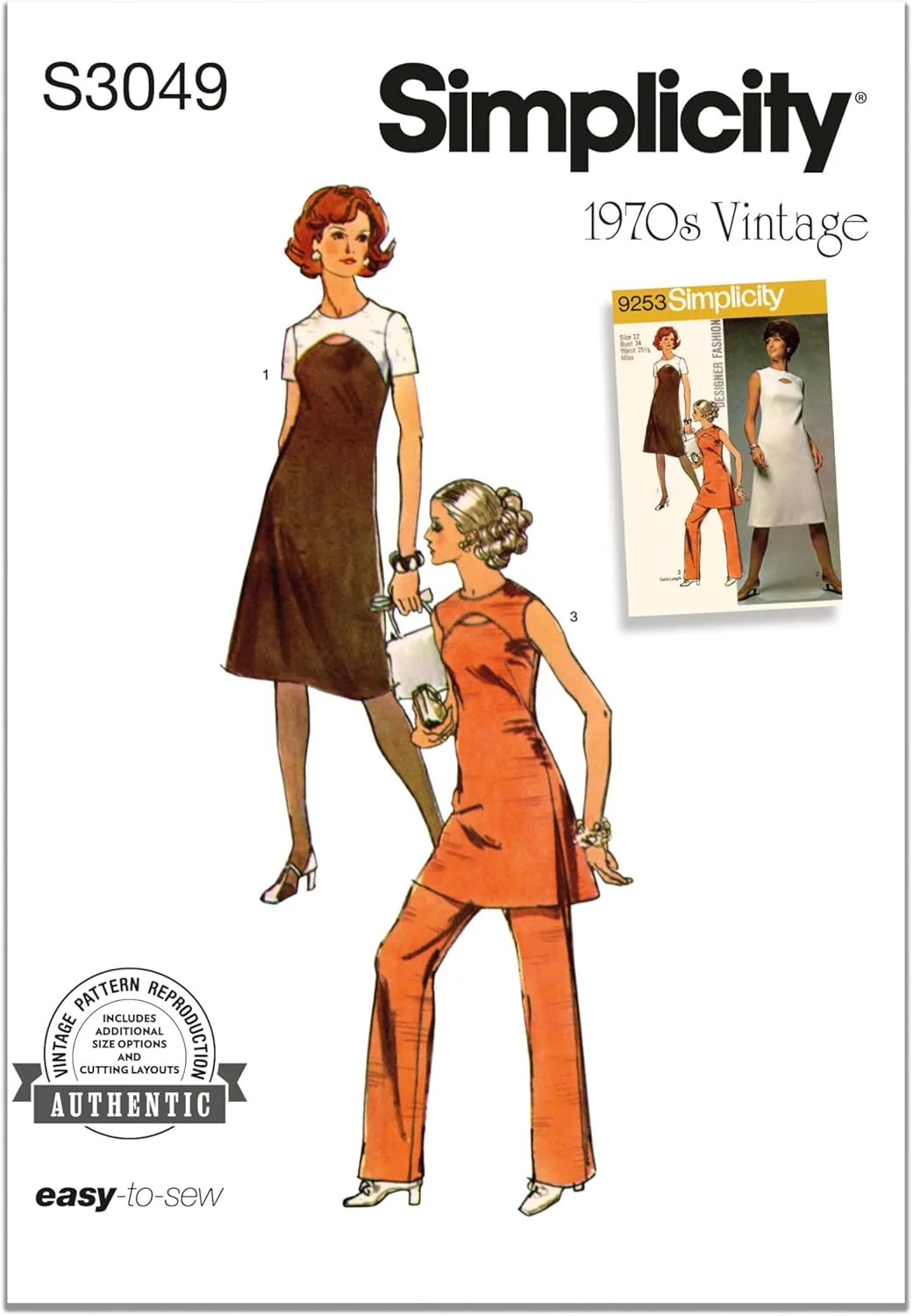 الگوی خیاطی لباس، تونیک و شلوار زنانه Simplicity SS3049K5، طرح قدیمی دهه 1970، کد طراحی S3049، سایزهای 8-10-12-14-16