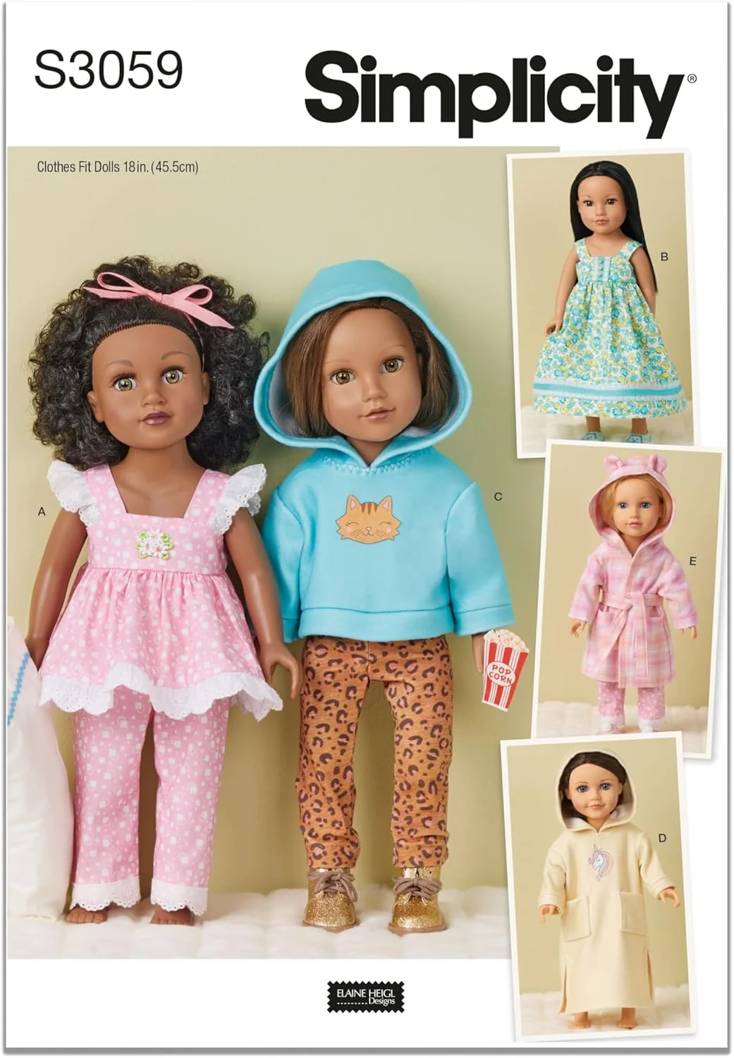 الگوی خیاطی لباس عروسک 18 اینچی Simplicity SS3059OS اثر Elaine Heigl Designs، کد طراحی S3059، تک سایز