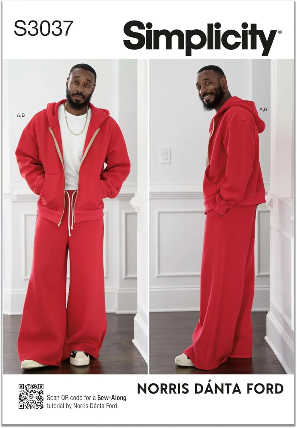الگوی خیاطی هودی زیپ‌دار مردانه بزرگ سایز و شلوار ورزشی Simplicity SS3037A اثر نوریس دانتا فورد، کد طراحی S3037، سایزهای S-M-L-XL-XXL