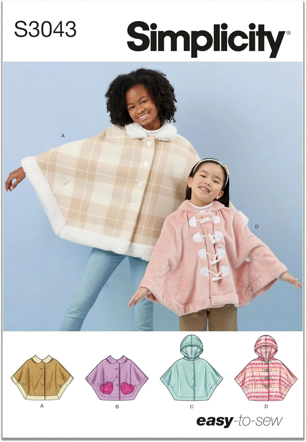 الگوی خیاطی پانچو بدون آستر بچگانه Simplicity SS3043HH، کد طراحی S3043، سایزهای 3-4-5-6، چند رنگ