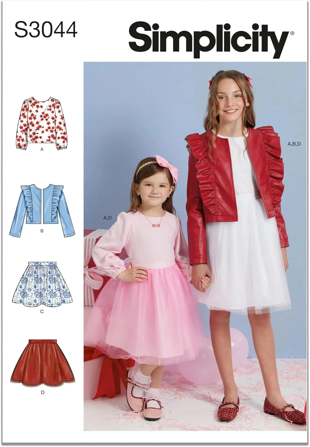الگوی خیاطی دامن، ژاکت و تاپ بافتنی دخترانه Simplicity SS3044K5، کد طراحی S3044، سایزهای 7-8-10-12-14، چند رنگ