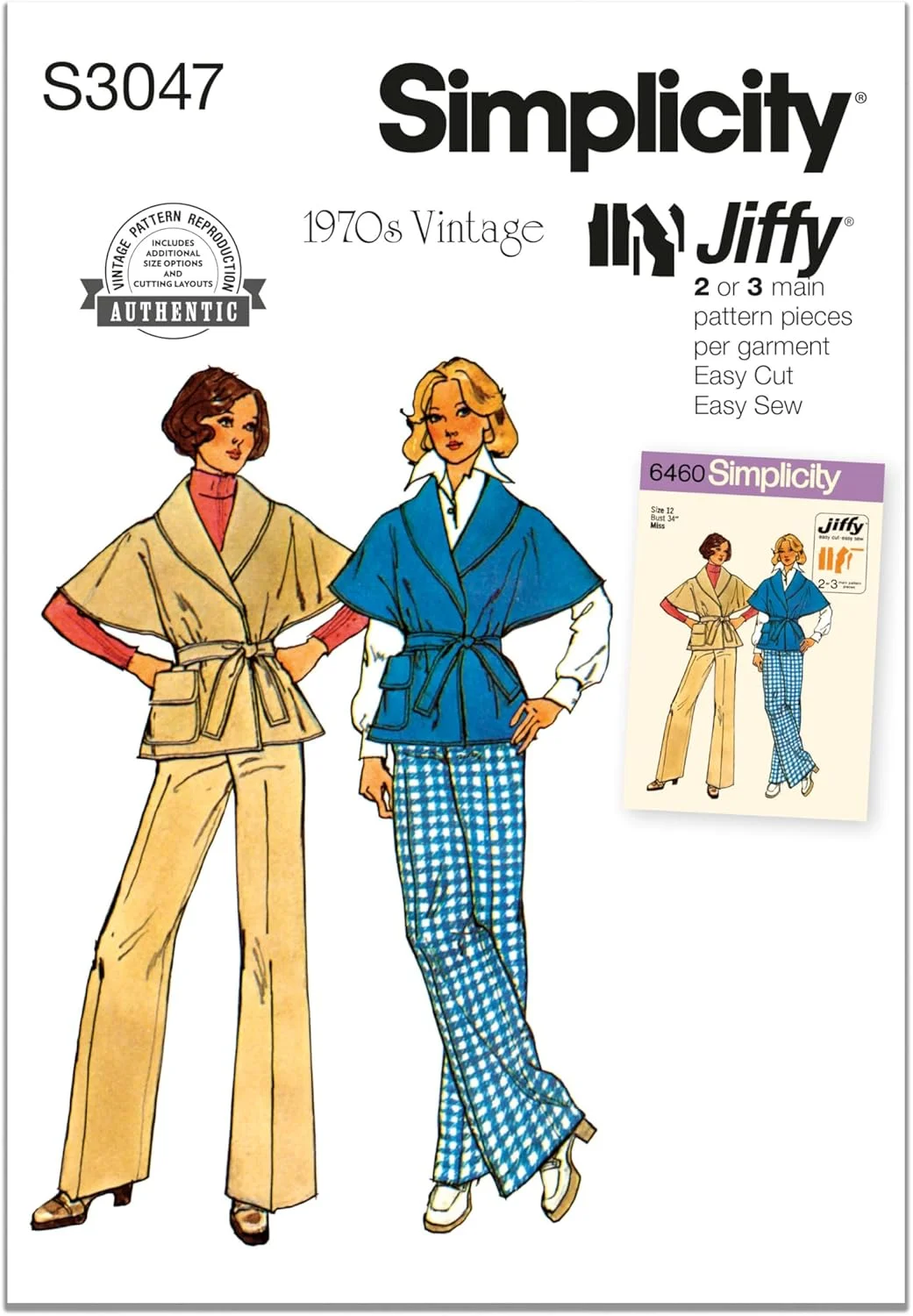 الگوی خیاطی شلوار پا گشاد و ژاکت پیچشی زنانه Simplicity SS3047Y5، طرح قدیمی دهه 1970، کد طراحی S3047، سایزهای 18-20-22-24-26، چند رنگ