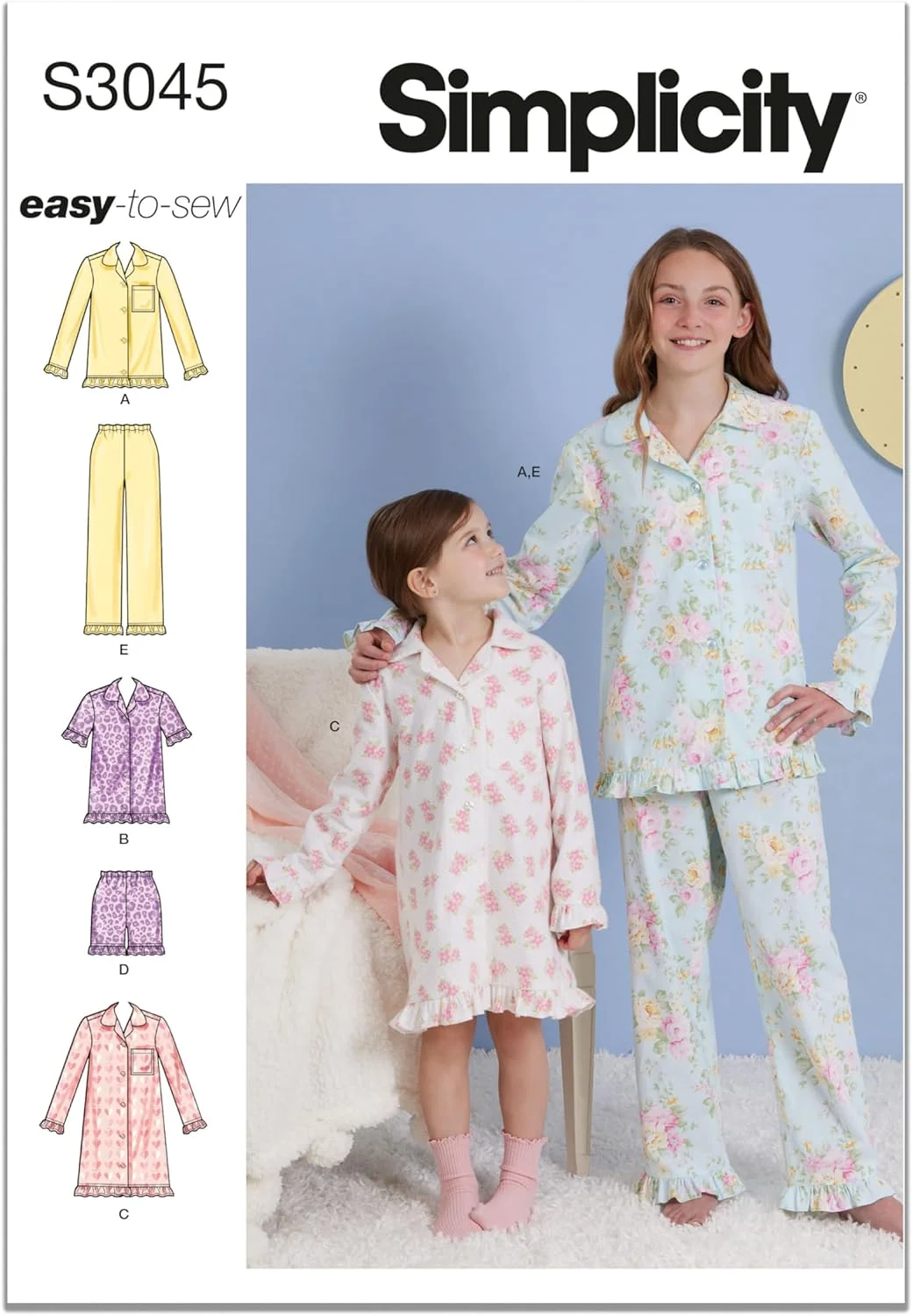 الگوی خیاطی تاپ راحتی، لباس خواب، شورت و شلوار دخترانه Simplicity SS3045K5، کد طراحی S3045، سایزهای 7-8-10-12-14، چند رنگ