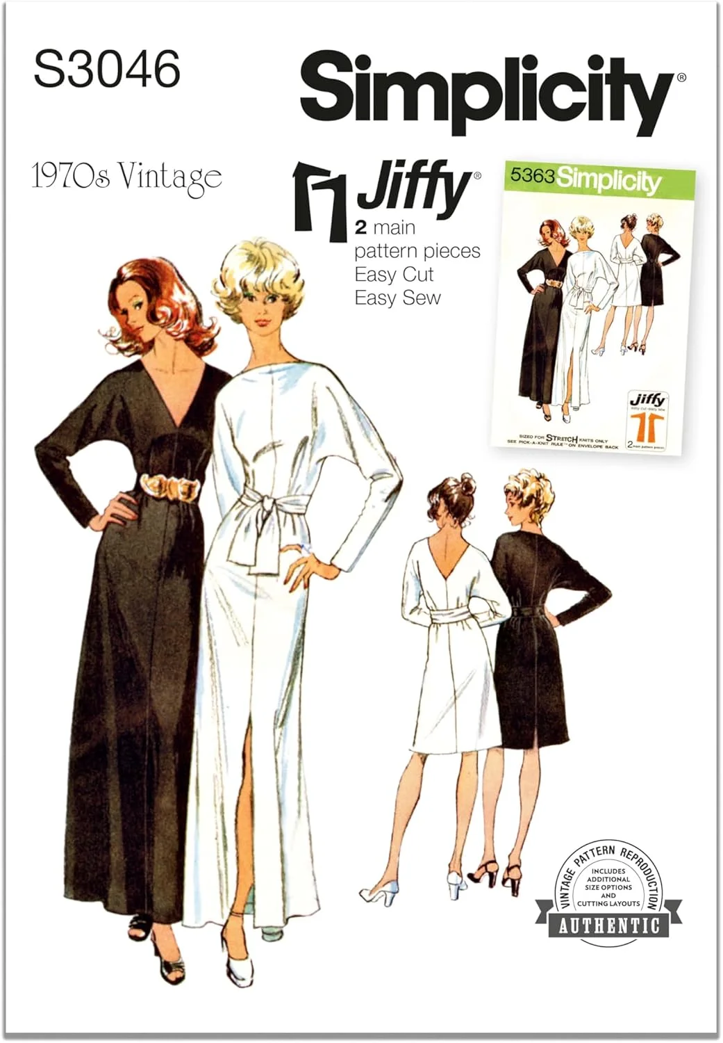 الگوی خیاطی لباس بافتنی سریع و ساده زنانه مدل SS3046K5 مربوط به دهه 1970 با شال، کد طراحی S3046، سایزهای 8-10-12-14-16، چند رنگ