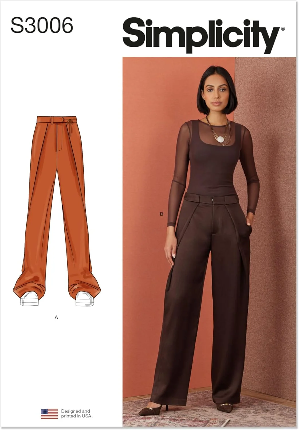 الگوی خیاطی شلوار زنانه مدل Simplicity SS3006Y5، شلوار زاویه دار جلو، کد طراحی S3006، سایزهای 18-20-22-24-26، چند رنگ