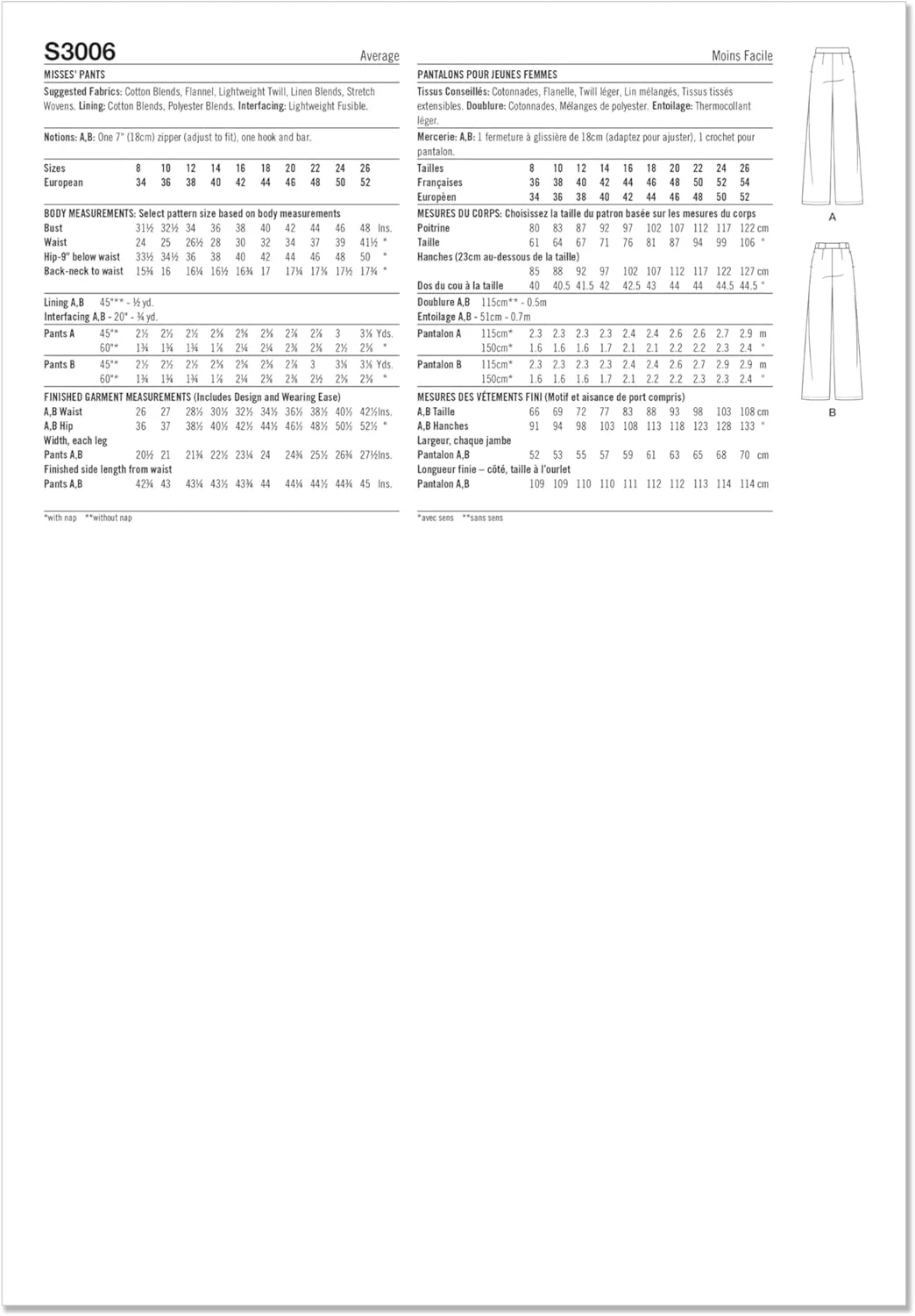 الگوی خیاطی شلوار زنانه مدل Simplicity SS3006Y5، شلوار زاویه دار جلو، کد طراحی S3006، سایزهای 18-20-22-24-26، چند رنگ